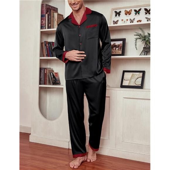 Men Satin Silk Pajamas Set with Pockets Long Sleeve-black - Picture 2 of 6
